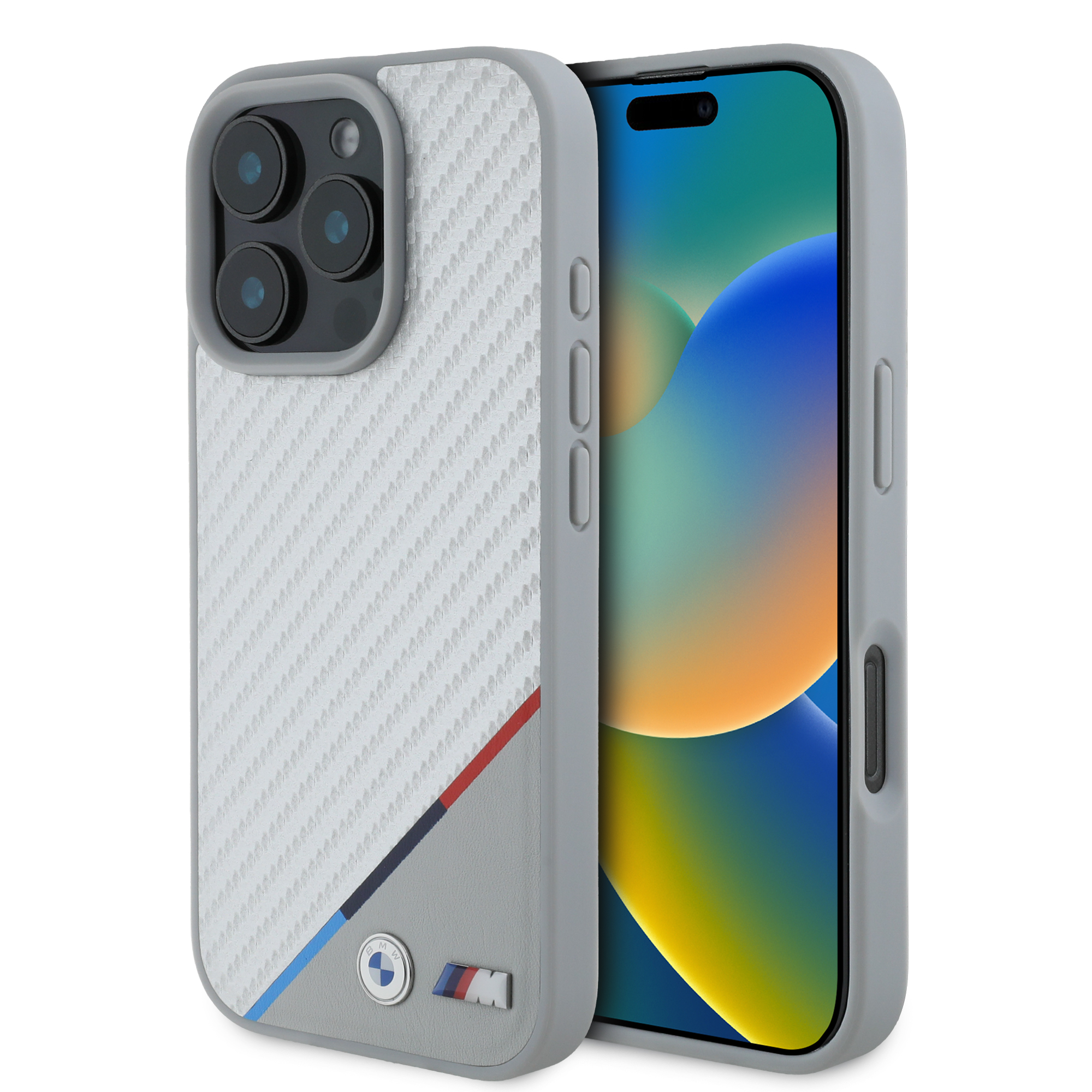 CASE BMW SERIE M CARBON TRICOLOR CINZA 16 PRO MAX MAGSAFE